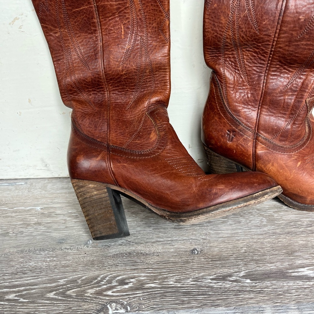 Frye Chestnut Brown Leather Western High-Heel Boots
